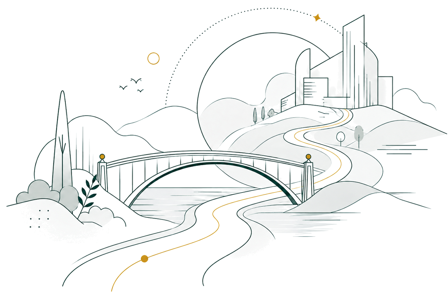 Line drawing of an arched bridge carrying a road across a river toward a city on the far bank.